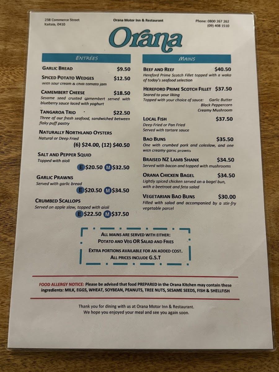Menu Orana Motor Inn & Restaurant-1